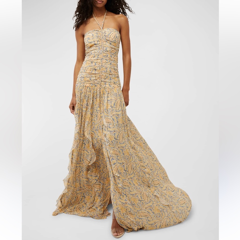 Veronica Beard Yellow Silk Paisley Strapless Maxi Dress
